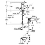 Grohe BauFlow Lavabo Bataryası, Sifon Kumandalı, S-Boy - Teknik Çizim