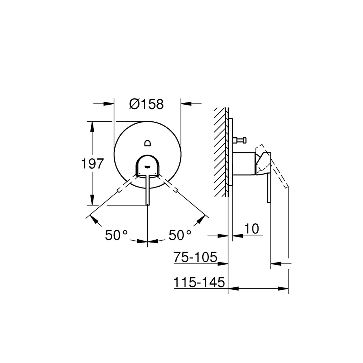 Grohe Plus Ankastre Banyo/Duş Bataryası (Sıva Üstü Grubu), Paslanmaz Çelik - Teknik Çizim
