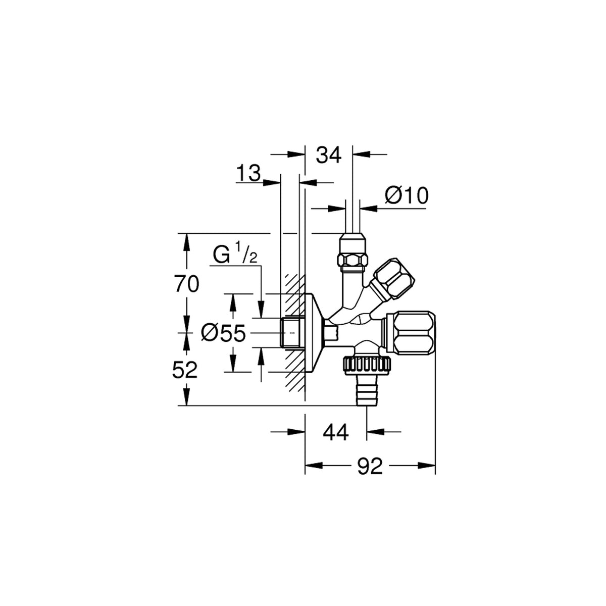 Grohe Bulaşık Makinaları ve Eviye Bataryaları İçin Çift Çıkışlı Ara Musluk (1/2 Giriş, 3/8 Çıkışlı) - Teknik Çizim
