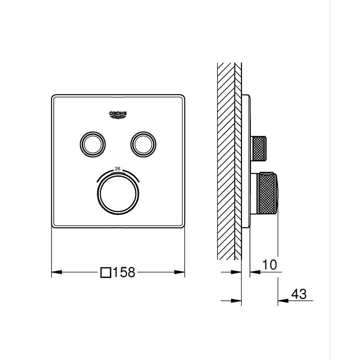 Grohe Grohtherm SmartControl Akış Kontrollü Ankastre Termostatik Banyo Bataryası (2 Yollu, Sıva Üstü Grubu), Fırçalı Sert Grafit - Teknik Çizim
