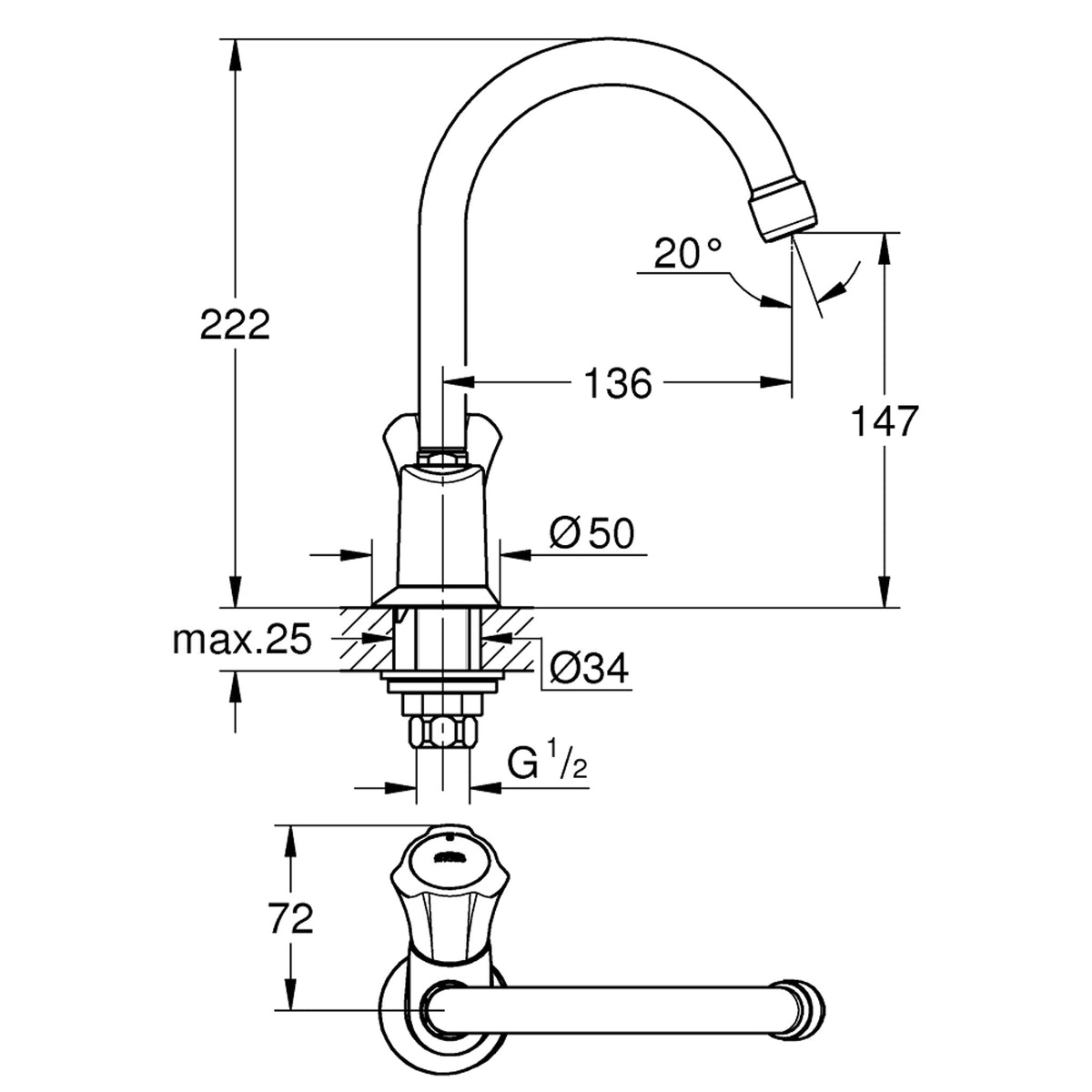 Grohe Costa L Lavabodan Musluk, Tek Su Girişli - Teknik Çizim