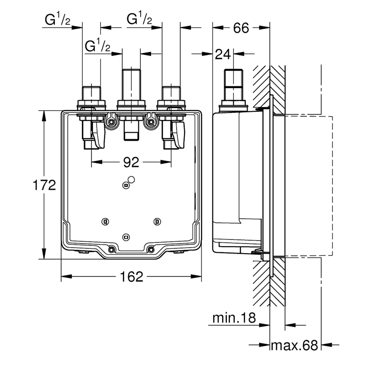 Grohe Eurosmart Cosmopolitan T Duvardan Ankastre Lavabo Bataryası Montaj Kutusu (Sıcak-Soğuk) - Teknik Çizim