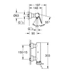 Grohe Plus Duş Bataryası, Fırçalı Sert Grafit - Teknik Çizim