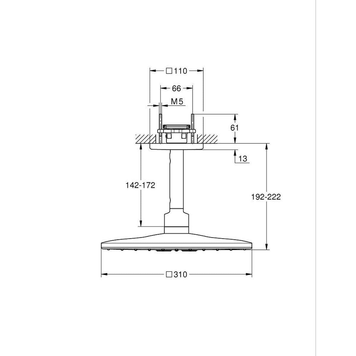 Grohe Rainshower Mono 310 Cube Tepe Duşu Seti, 2 Akışlı, Bakır - Teknik Çizim
