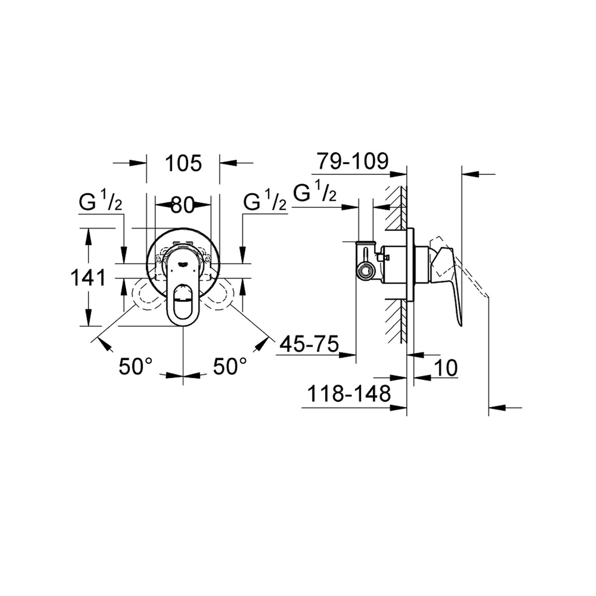 Grohe BauLoop Ankastre Duş Bataryası - Teknik Çizim