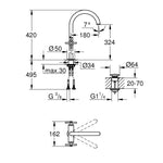 Grohe Atrio Tezgah Üstü Lavabo Bataryası, Sifon Kumandalı, Fırçalı Sert Grafit - Teknik Çizim