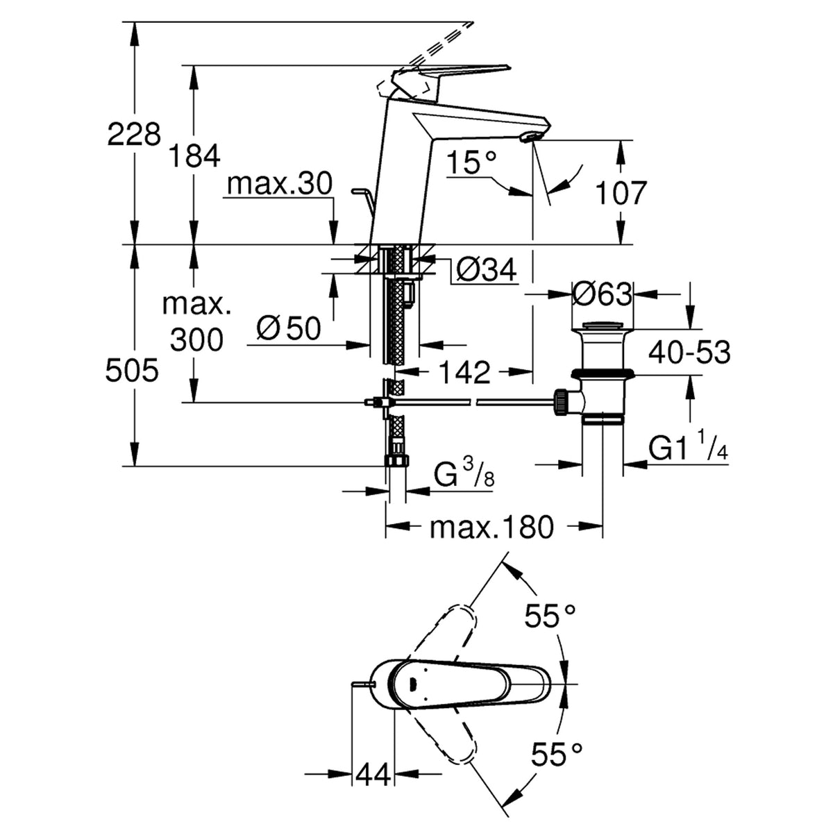 Grohe Eurodisc Cosmopolitan Lavabo Bataryası - Teknik Çizim