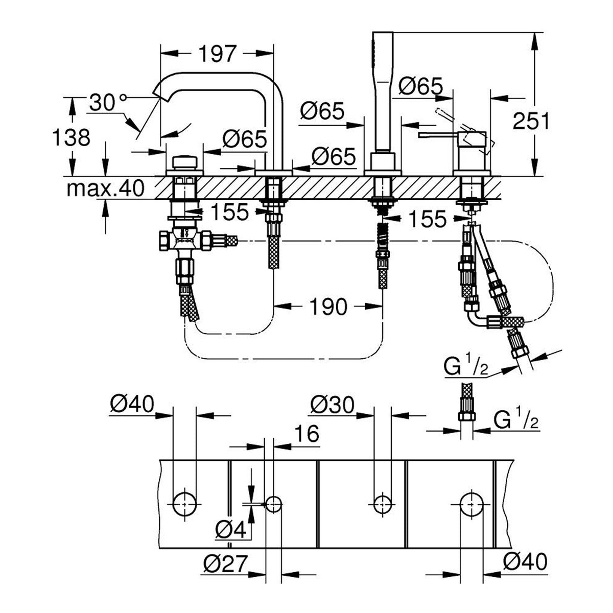 Grohe Essence Dört Delikli Ankastre Küvet Bataryası (Sıva Üstü Grubu), Fırçalı Altın - Teknik Çizim