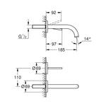 Grohe Atrio 2 Delikli Ankastre Lavabo Bataryası, (Sıva Üstü Grubu), Paslanmaz Çelik - Teknik Çizim
