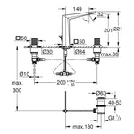 Grohe Allure Brilliant Private Collection L-Boy, 3 Delikli Lavabodan Ankastre Lavabo Bataryası, Sifon Kumandalı - Teknik Çizim