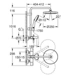 Grohe Tempesta System 250 Duvara Monte Termostatik Banyo Bataryalı Duş Kolonu - Teknik Çizim