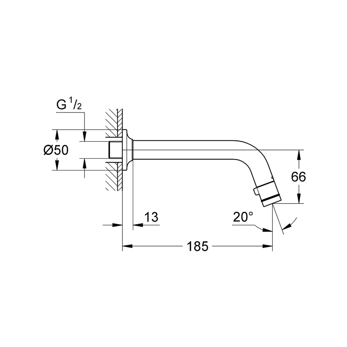 Grohe Duvardan Musluk, Tek Su Girişli - Teknik Çizim