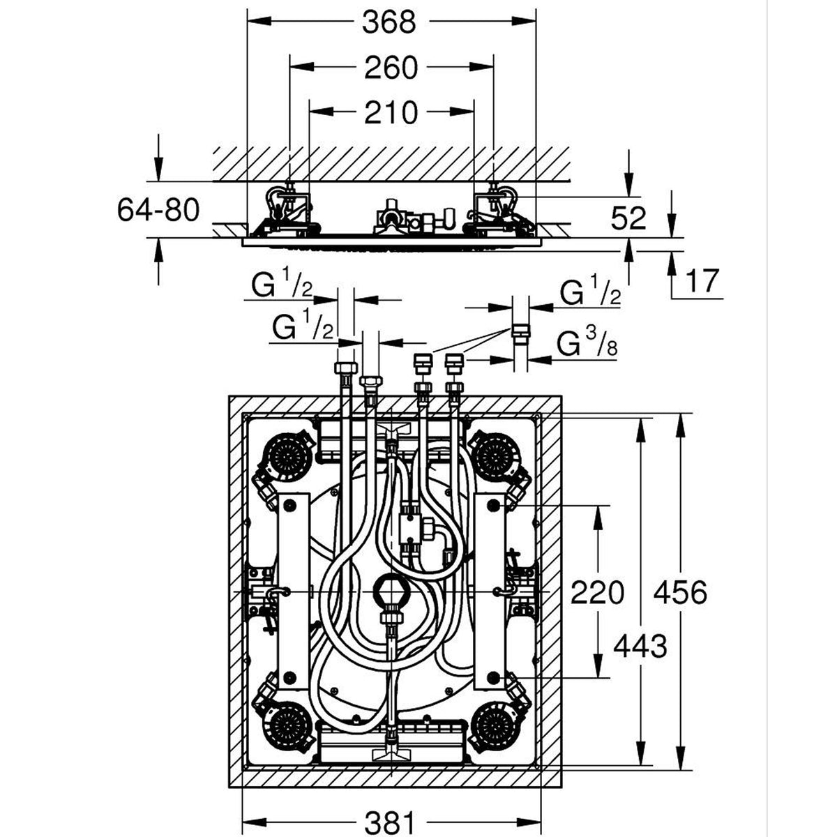 Grohe Rainshower Aqua Tepe Duşu, 38x45 cm, Hayalet Siyah - Teknik Çizim