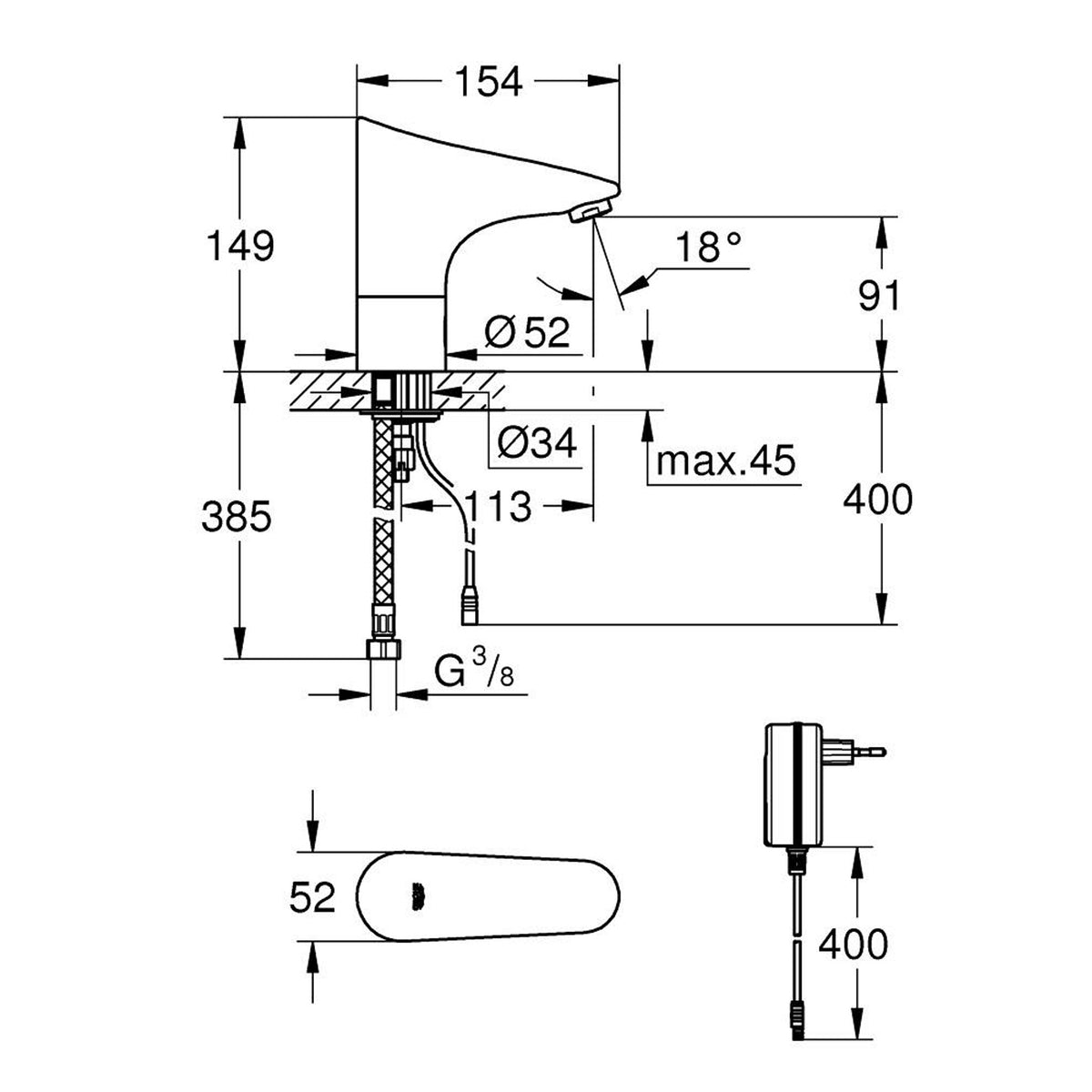 Grohe Europlus E Fotoselli Lavabo Bataryası (Tek Su Girişli, Elektrikli) - Teknik Çizim