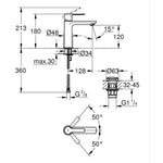 Grohe Lineare Lavabo Bataryası, Fırçalı Bakır - Teknik Çizim