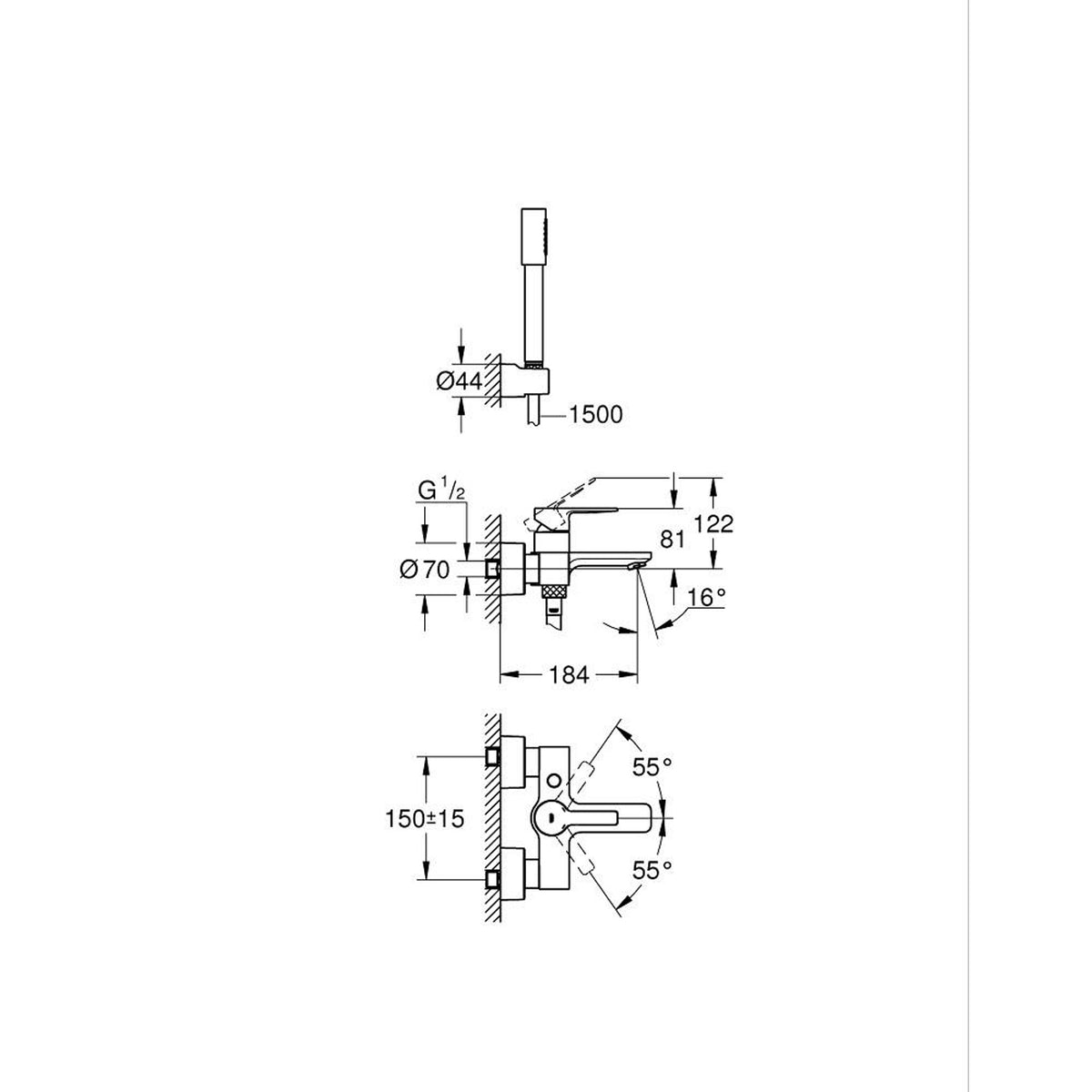 Grohe Lineare Banyo Bataryası ve El Duşu Takımı - Teknik Çizim