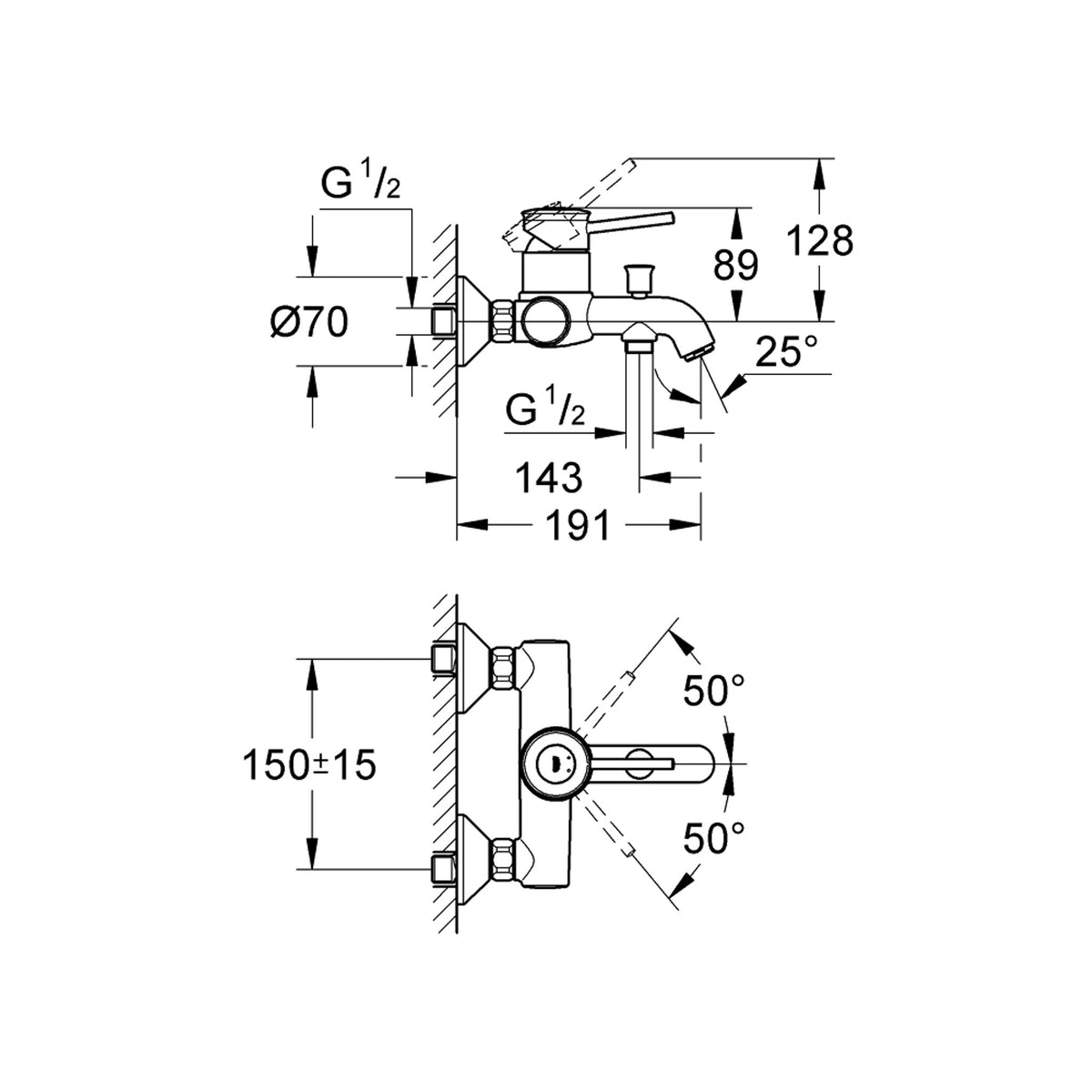 Grohe BauClassic Banyo Bataryası - Teknik Çizim