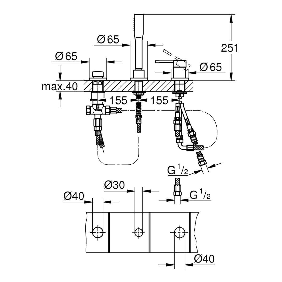 Grohe Essence 3 Delikli Küvet Bataryası - Teknik Çizim