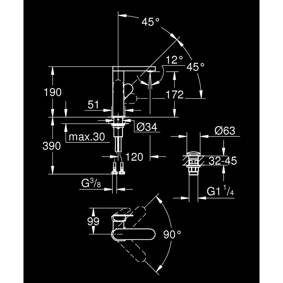 Grohe Plus Yüksek Lavabo Bataryası - Teknik Çizim