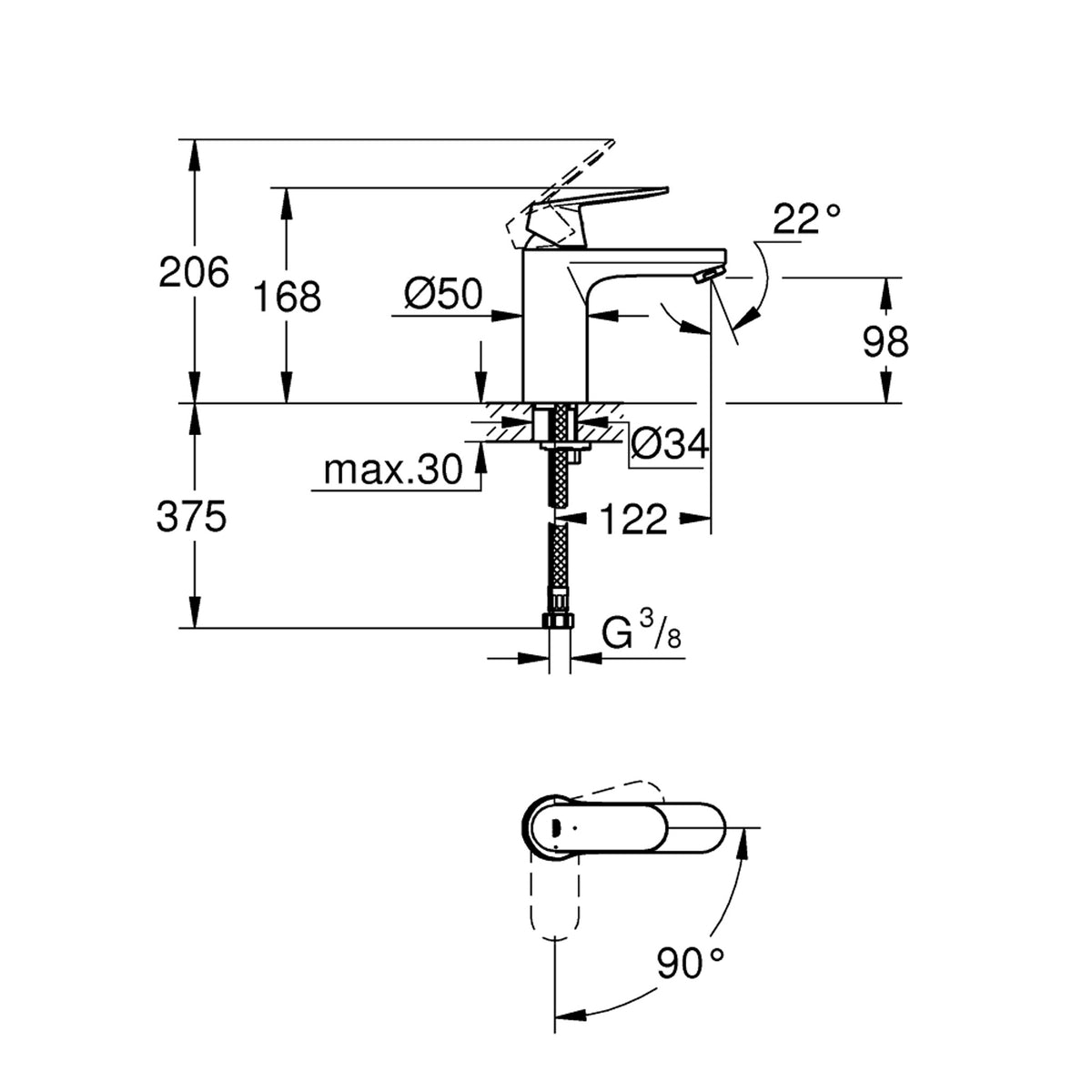 Grohe Eurosmart Cosmopolitan Lavabo Bataryası - Teknik Çizim