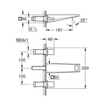 Grohe Allure Brilliant M-Boy, 3 Delikli Duvardan Ankastre Lavabo Bataryası (Sıva Üstü Grubu), Paslanmaz Çelik - Teknik Çizim