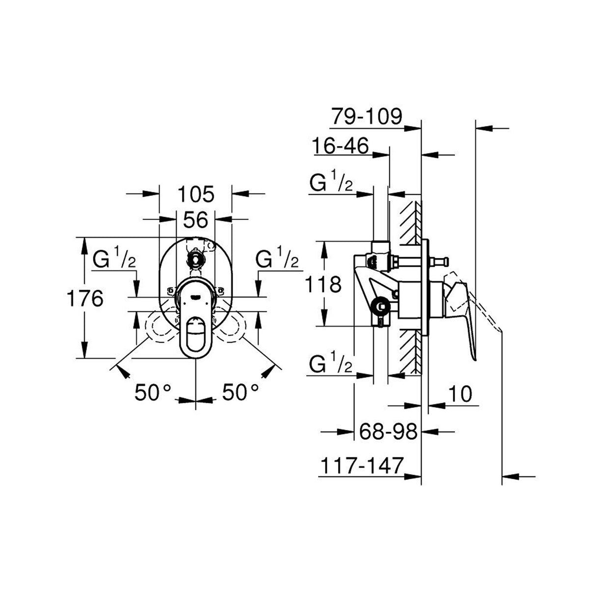 Grohe BauLoop Ankastre Banyo Duş Bataryası (Sıva Üstü Grubu) - Teknik Çizim
