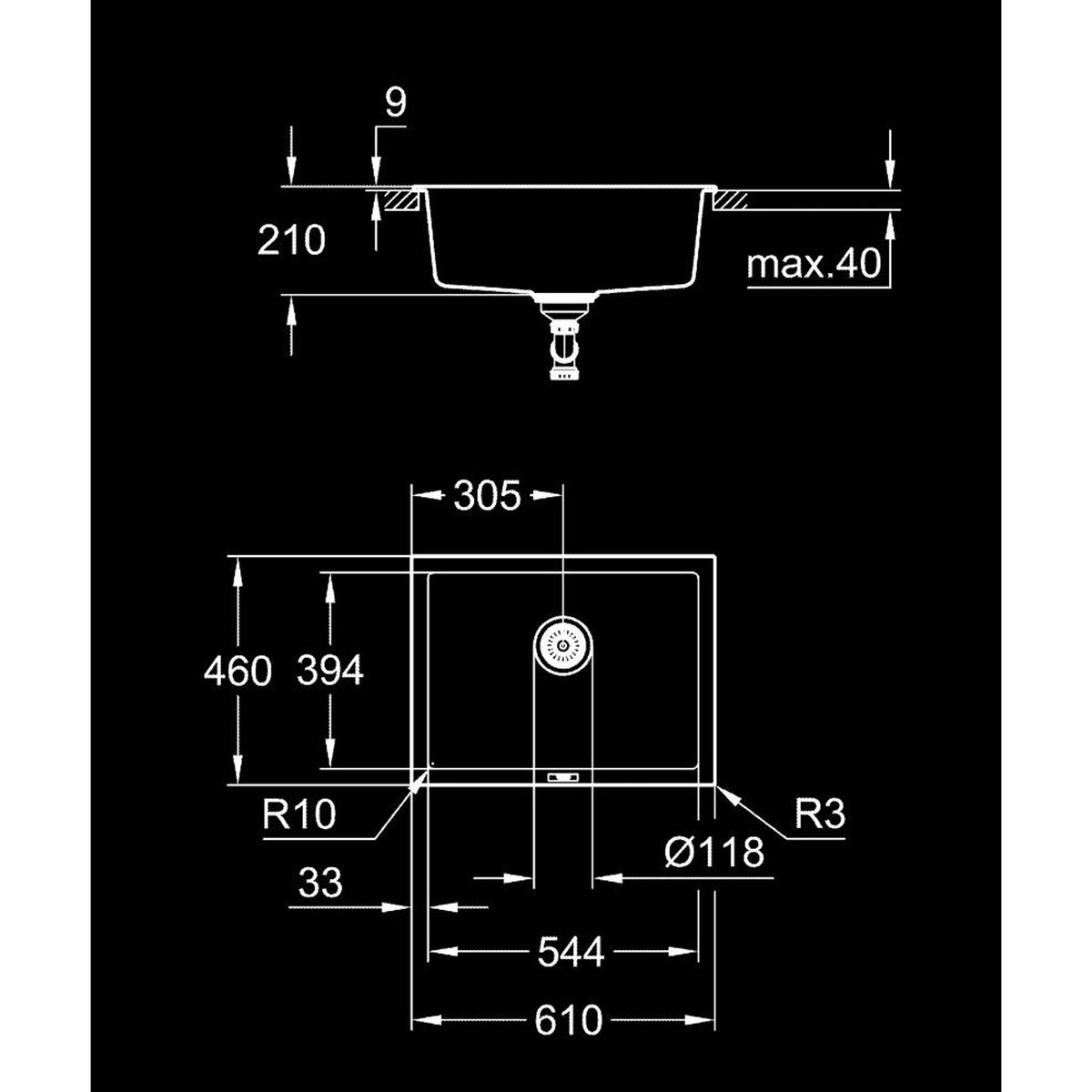 Grohe K700U Kompozit Tek Gözlü Eviye, Granit Siyah - Teknik Çizim