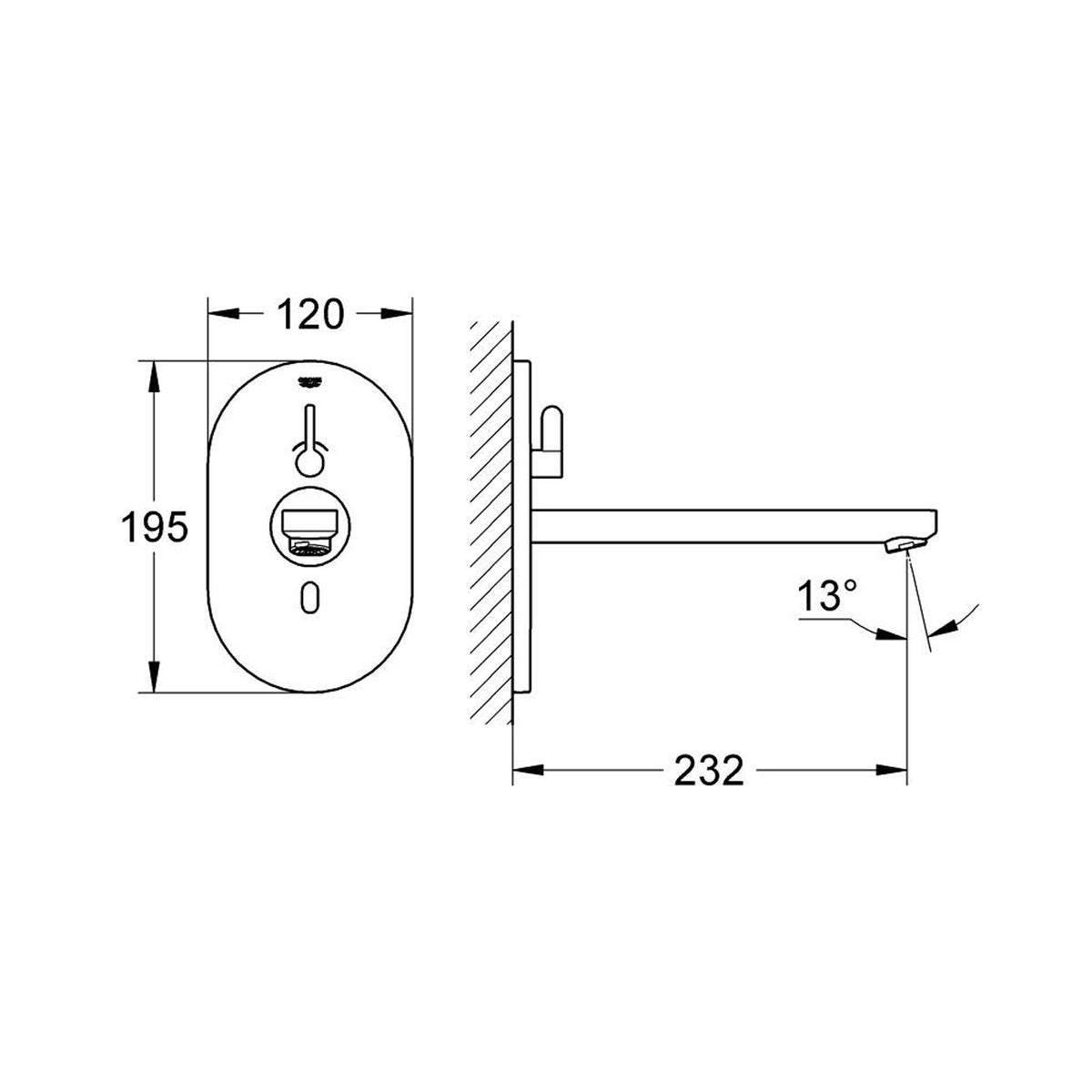 Grohe Eurosmart Cosmopolitan E Fotoselli Lavabo Bataryası (Çift Su Girişli-Elektrikli) - Teknik Çizim