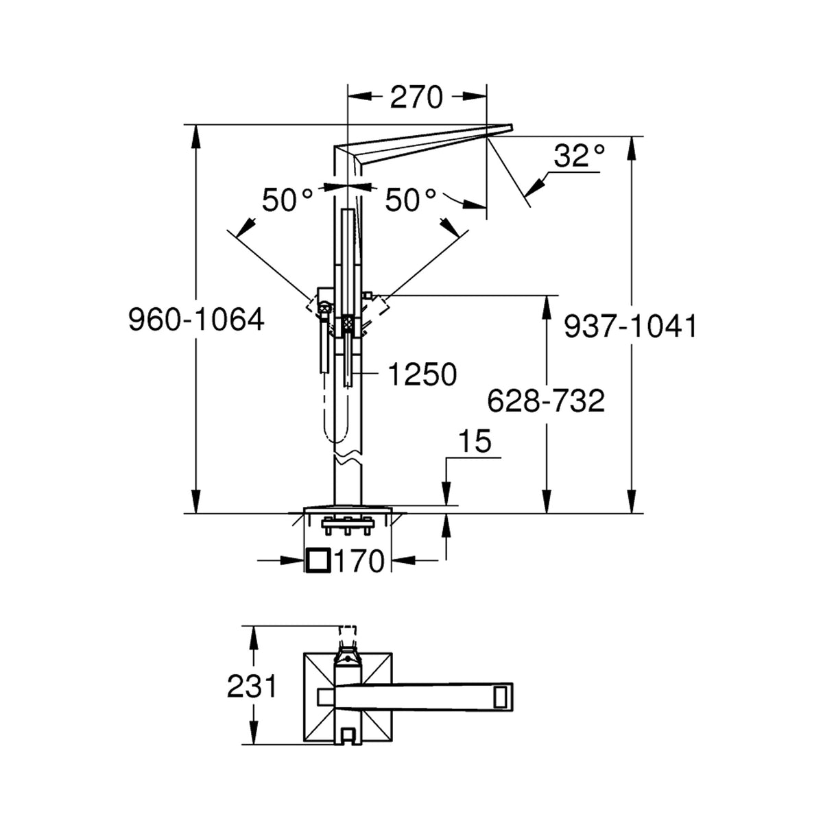 Grohe Allure Brilliant Yerden Küvet Bataryası, Paslanmaz Çelik - Teknik Çizim