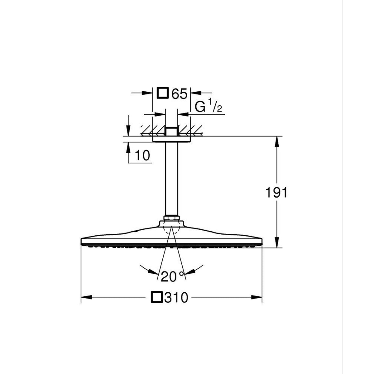 Grohe Rainshower Mono 310 Cube Tepe Duşu Seti, 31 cm, Altın - Teknik Çizim