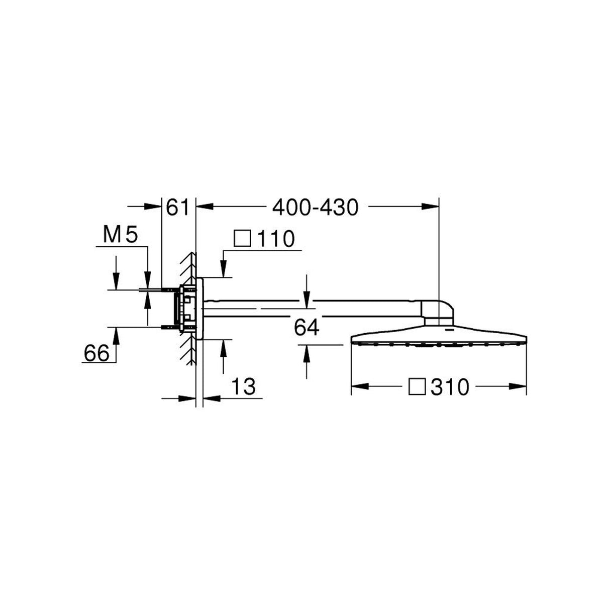Grohe Rainshower SmartActive 310 Cube Tepe Duşu Seti, 31 cm, 2 Akışlı, Paslanmaz Çelik - Teknik Çizim