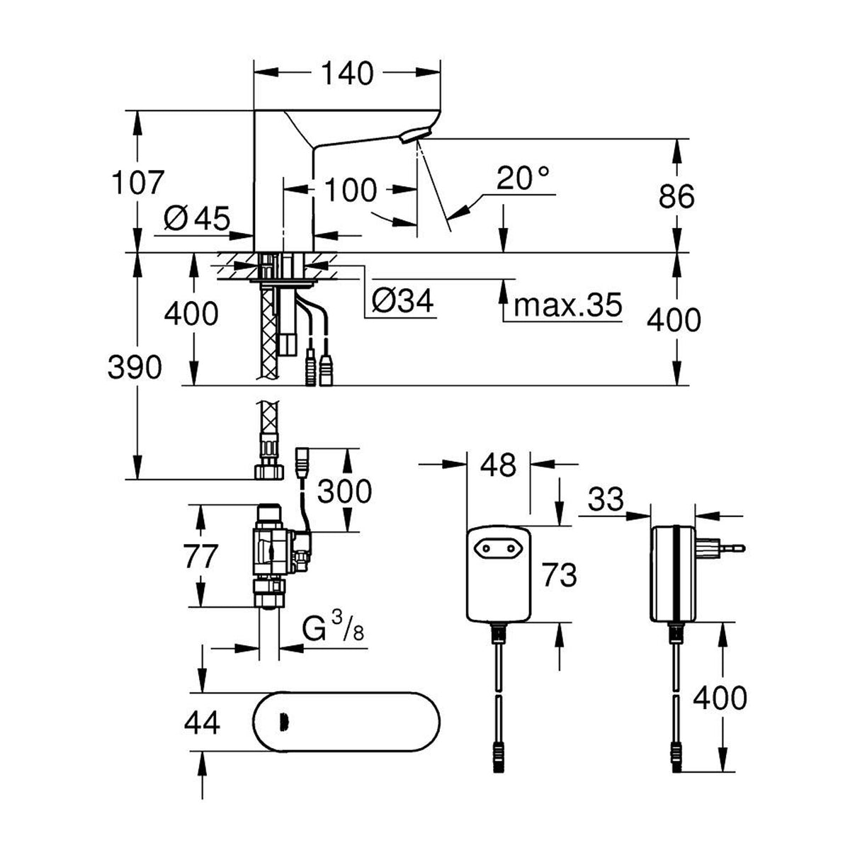 Grohe Euroeco Fotoselli Lavabo Bataryası, Tek Su Girişli, Elektrikli - Teknik Çizim