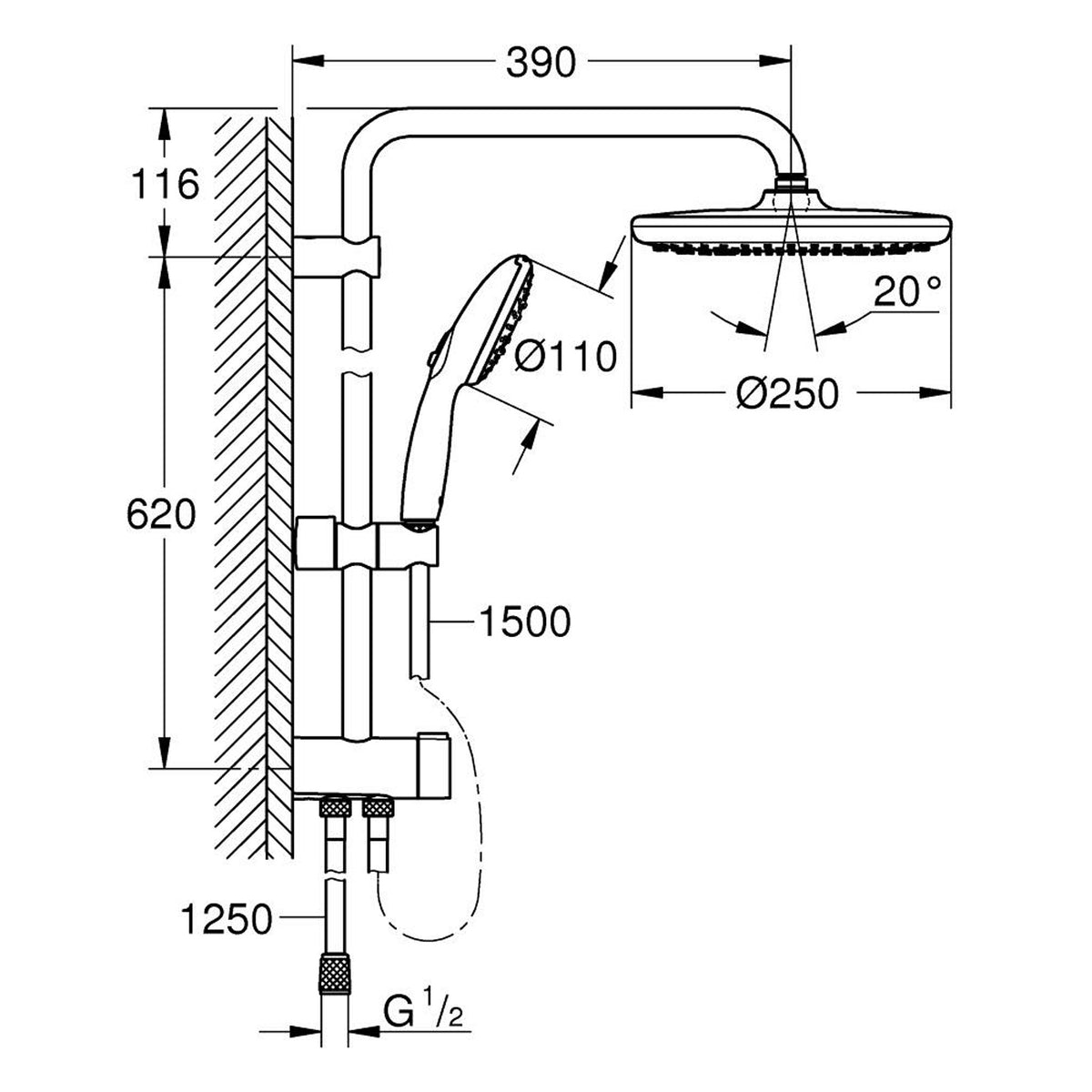 Grohe Tempesta System 250 Duvara Monte Duş Sistemi, Yön Değiştiricili, Krom-Beyaz - Teknik Çizim