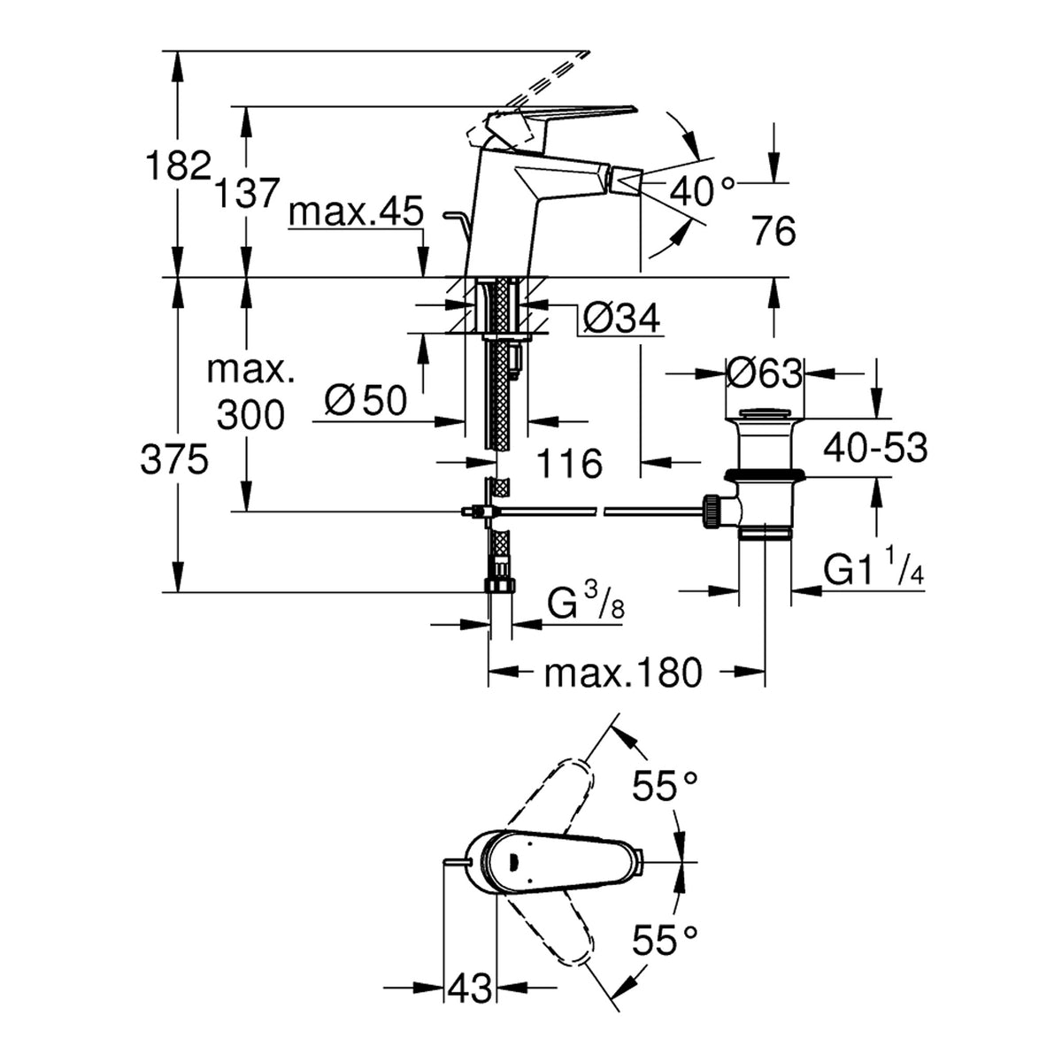 Grohe Eurodisc Cosmopolitan Sifon Kumandalı Bide Bataryası, S-Boy - Teknik Çizim
