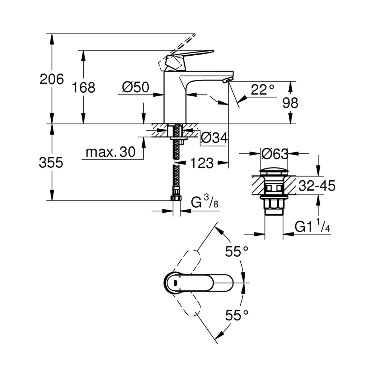 Grohe Eurocosmo Lavabo Bataryası (M-Boy) - Teknik Çizim