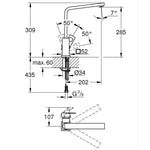 Grohe Eurocube Eviye Bataryası, Paslanmaz Çelik - Teknik Çizim