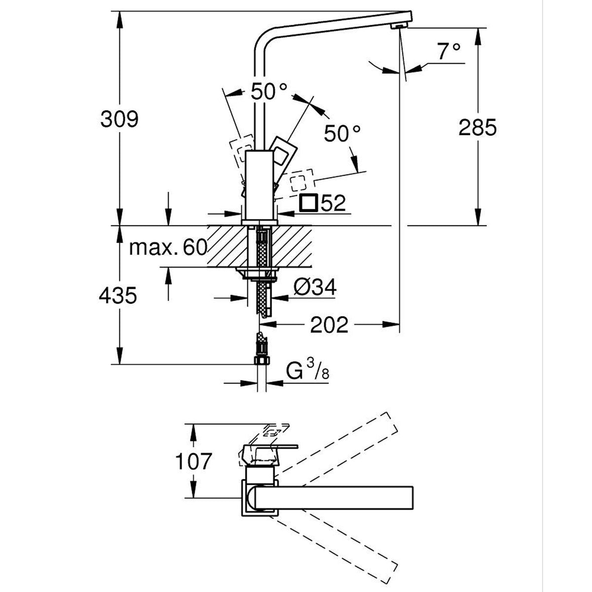 Grohe Eurocube Eviye Bataryası, Paslanmaz Çelik - Teknik Çizim