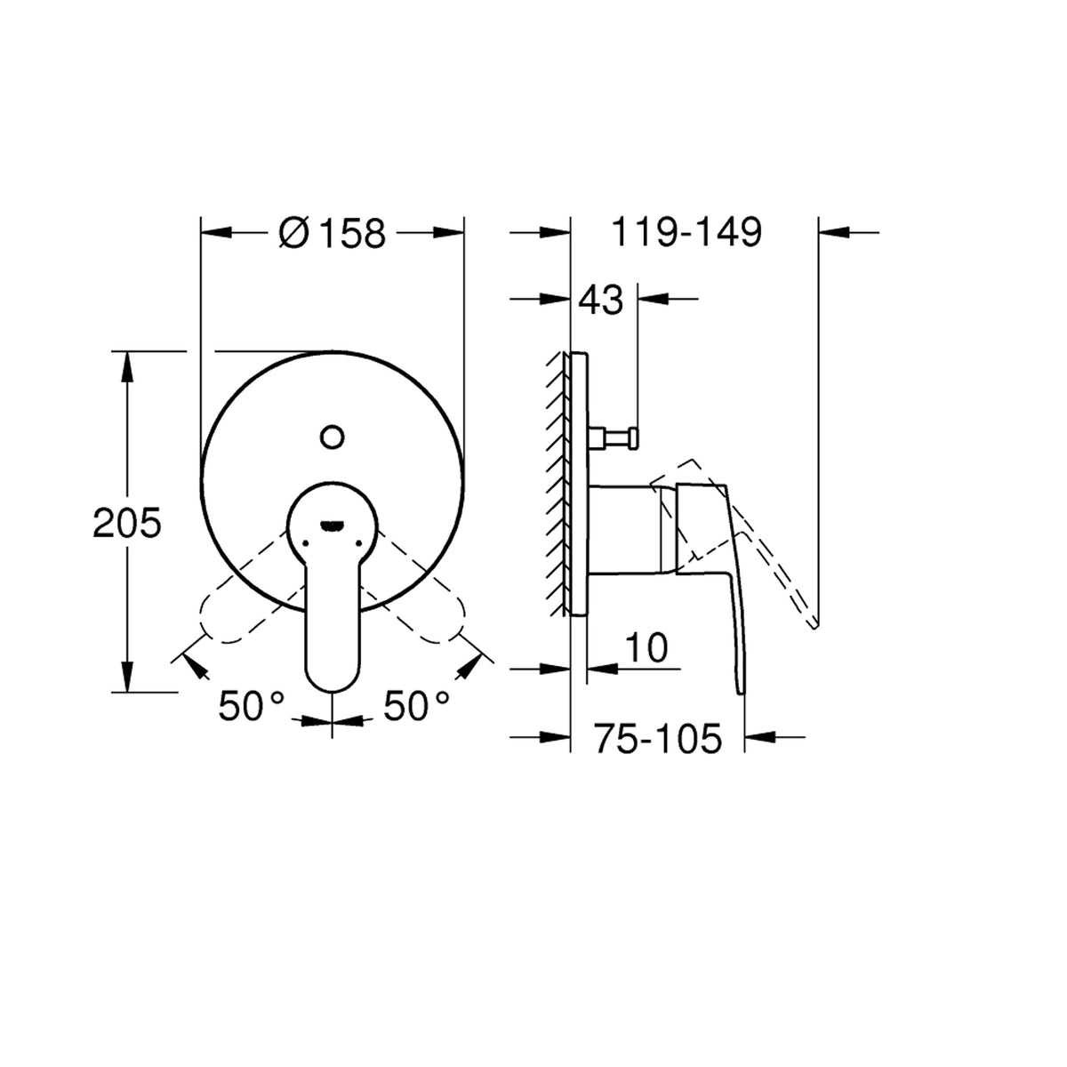 Grohe Eurostyle Cosmopolitan Ankastre Banyo Duş Bataryası (Sıva Üstü Grubu), 2 Yollu - Teknik Çizim