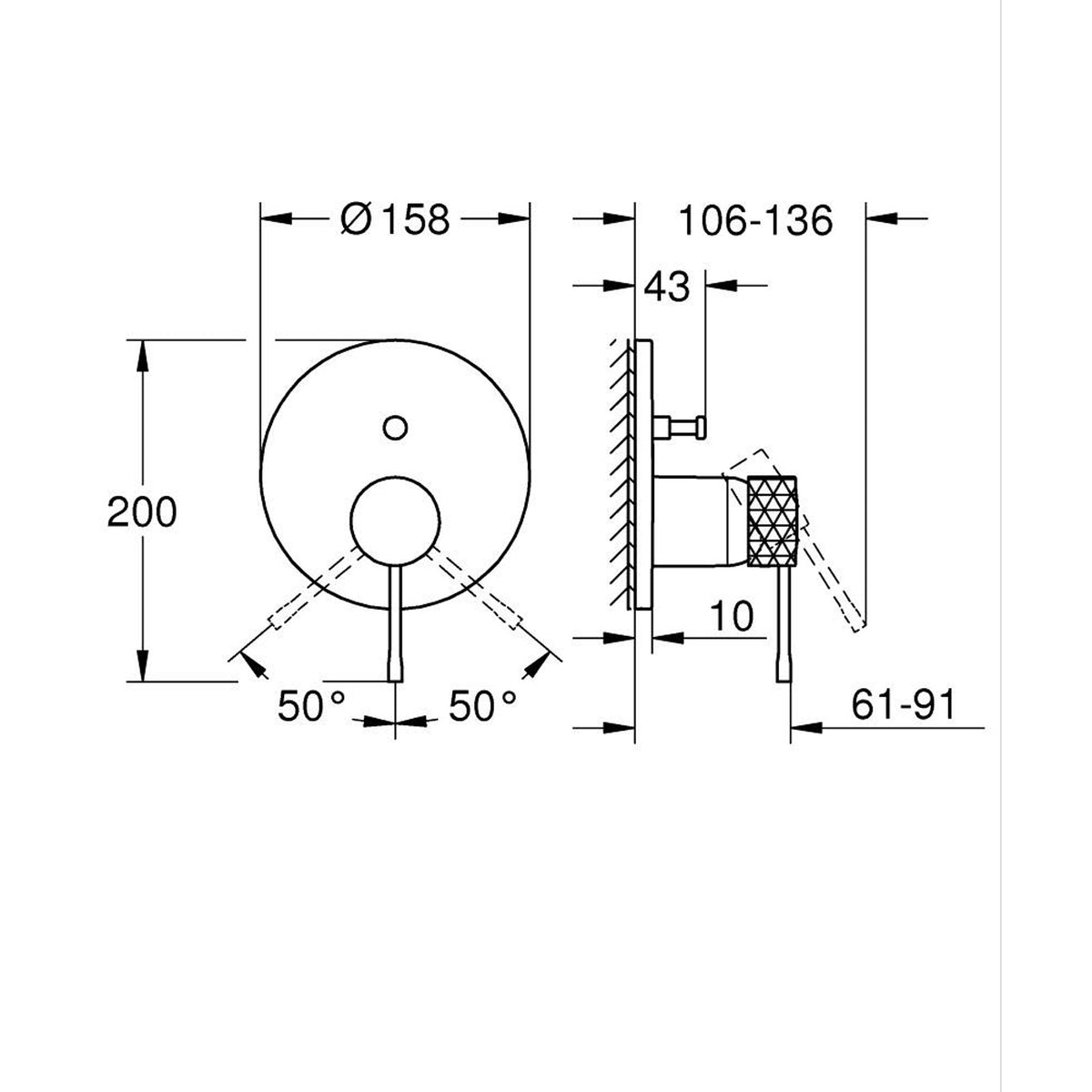Grohe Essence Ankastre Banyo/Duş Bataryası (Sıva Üstü Grubu), İşlenmiş Fırçalı Altın - Teknik Çizim