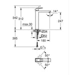 Grohe Eurocube Tezgah Üstü Lavabo Bataryası, Fırçalı Sert Grafit - Teknik Çizim