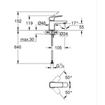 Grohe Cubeo Lavabo Bataryası, XS-Boy, Mat Siyah - Teknik Çizim