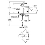 Grohe Eurosmart Lavabo Bataryası, Mat Siyah - Teknik Çizim