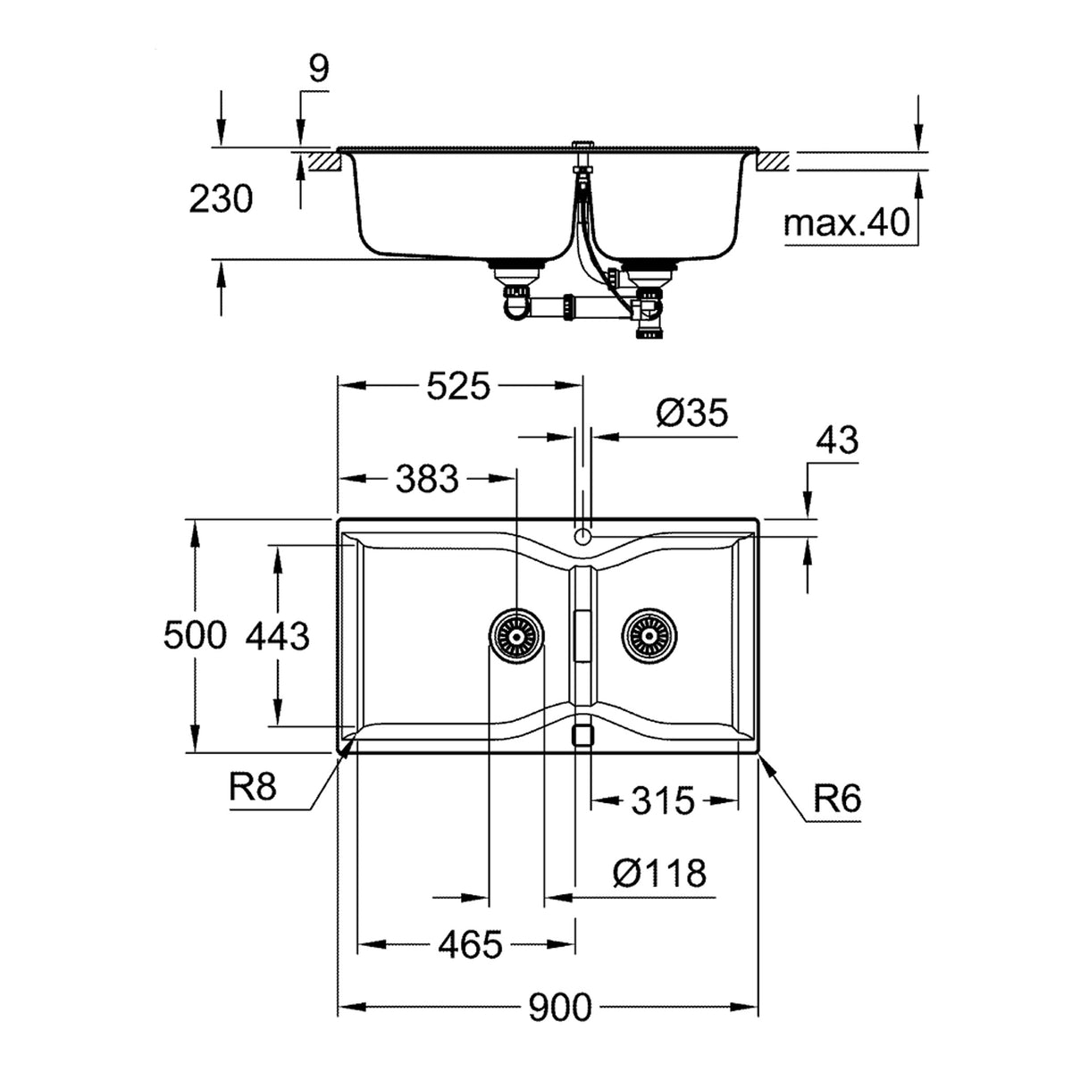 Grohe K700 Kompozit 1,5 Gözlü Eviye, Granit Siyah - Teknik Çizim