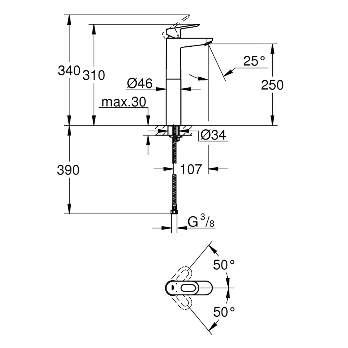 Grohe BauLoop Tezgah Üstü Lavabo Bataryası - Teknik Çizim