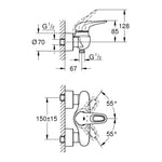 Grohe Eurostyle Duş Bataryası, Ay Beyazı-Krom - Teknik Çizim