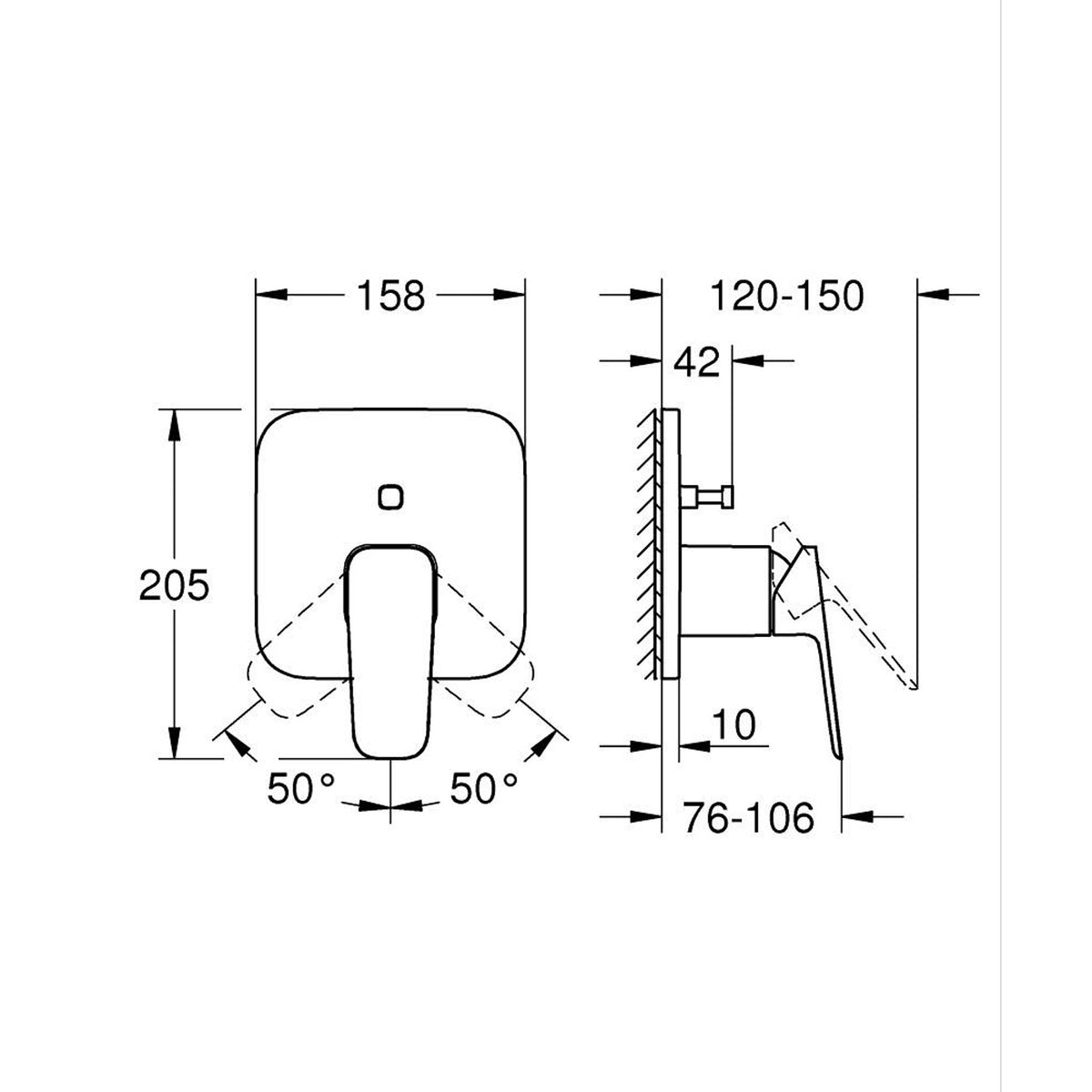 Grohe Cubeo Ankastre Banyo/Duş Bataryası, Mat Siyah (Sıva Üstü Grubu) - Teknik Çizim