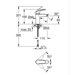 Grohe Eurosmart Lavabo Bataryası, Mat Siyah - Teknik Çizim