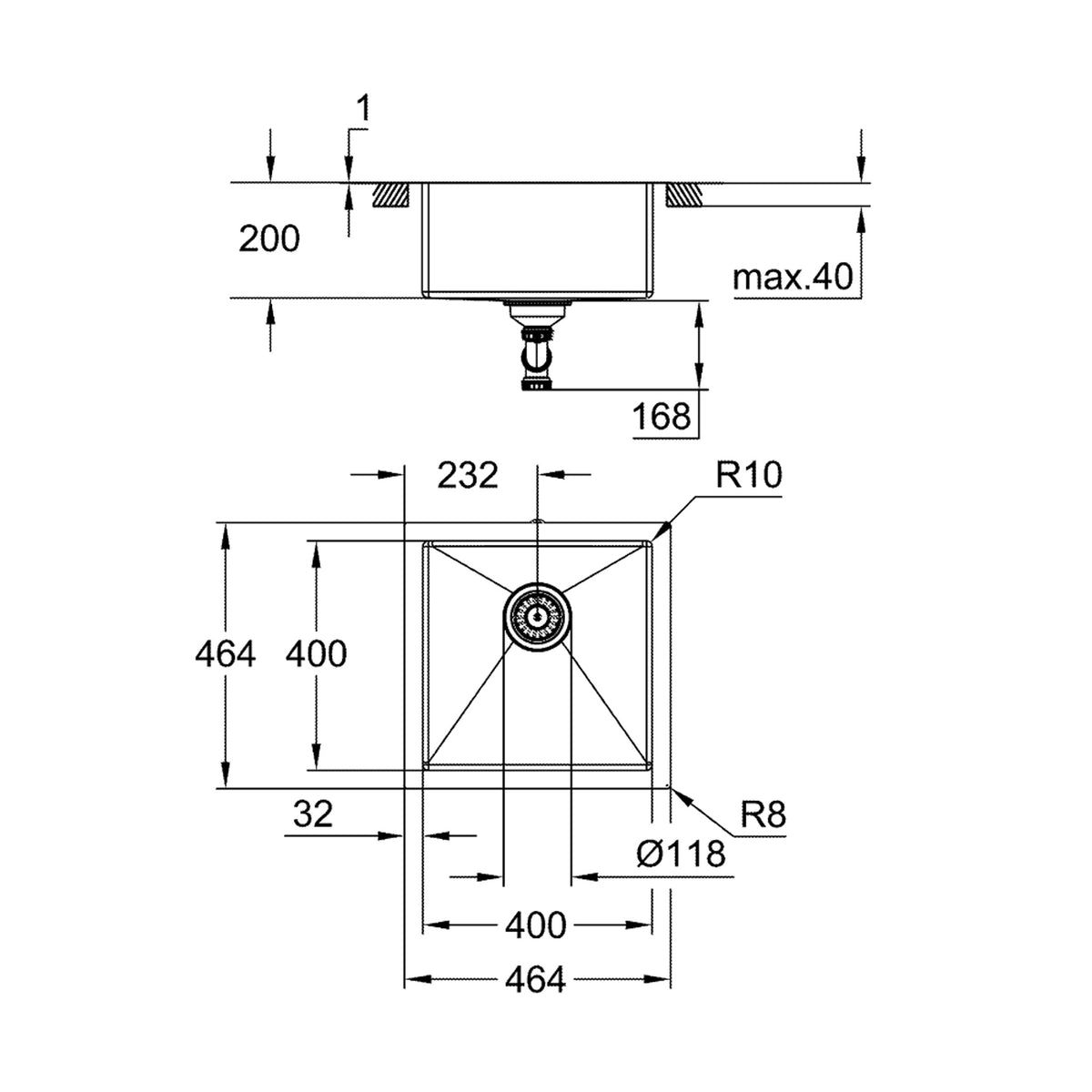Grohe K700 Tek Gözlü Eviye, Paslanmaz Çelik, 46,4 cm - Teknik Çizim