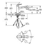 Grohe Eurodisc Cosmopolitan Spiralli Eviye Bataryası - Teknik Çizim