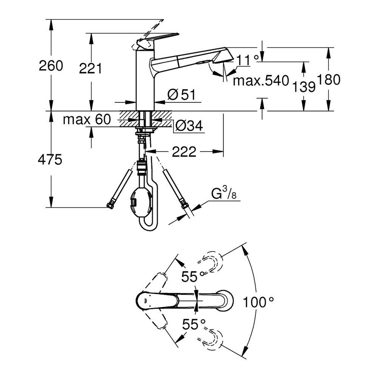 Grohe Eurodisc Cosmopolitan Spiralli Eviye Bataryası - Teknik Çizim